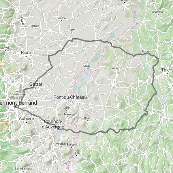 Miniature de la carte de l'inspiration cycliste "Les Châteaux et Villages du Puy-de-Dôme en Route" dans la Auvergne, France. Générée par le planificateur d'itinéraire cycliste Tarmacs.app