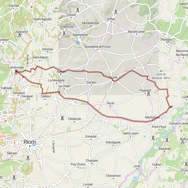 Map miniature of "Thuret Loop" cycling inspiration in Auvergne, France. Generated by Tarmacs.app cycling route planner