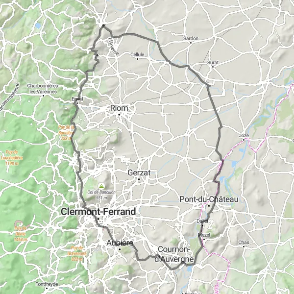 Map miniature of "Sights of Puy-de-Dôme" cycling inspiration in Auvergne, France. Generated by Tarmacs.app cycling route planner