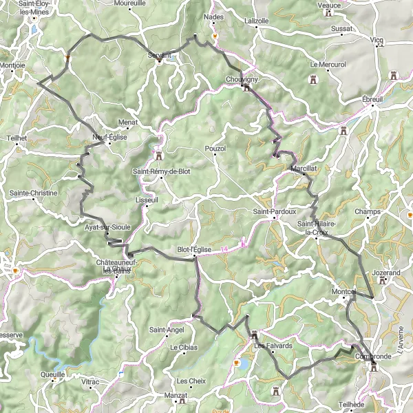 Map miniature of "Sioule River Valley Ride" cycling inspiration in Auvergne, France. Generated by Tarmacs.app cycling route planner