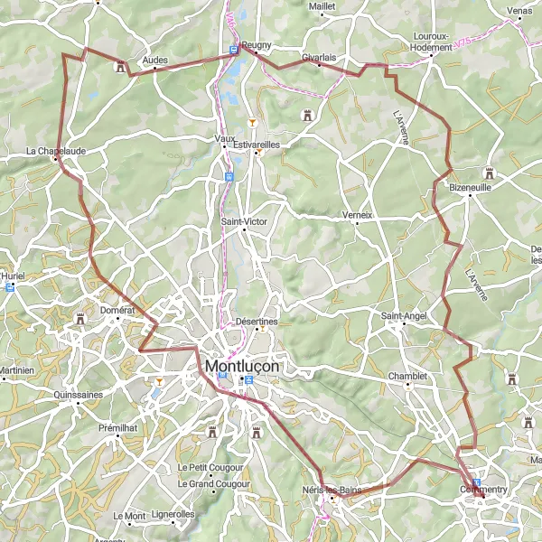 Map miniature of "Gravel Adventure: Montluçon to Givarlais Round-Trip Cycling Route" cycling inspiration in Auvergne, France. Generated by Tarmacs.app cycling route planner