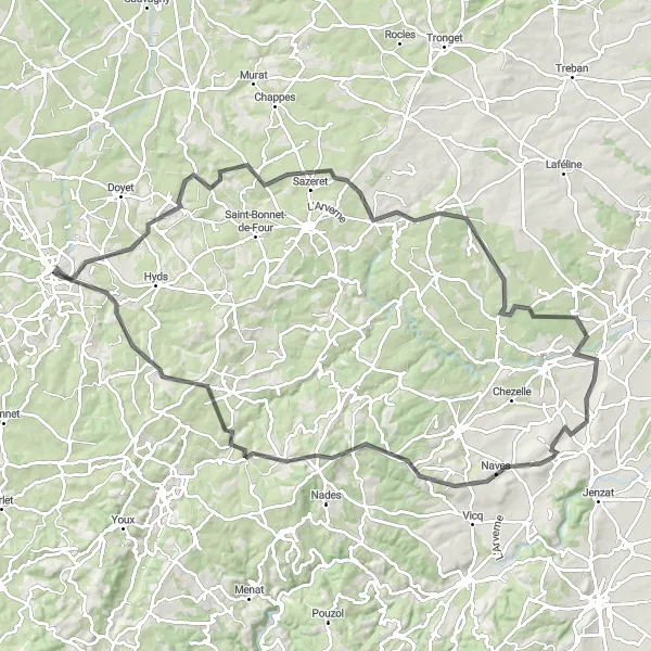 Miniature de la carte de l'inspiration cycliste "Tour des collines de l'Allier" dans la Auvergne, France. Générée par le planificateur d'itinéraire cycliste Tarmacs.app
