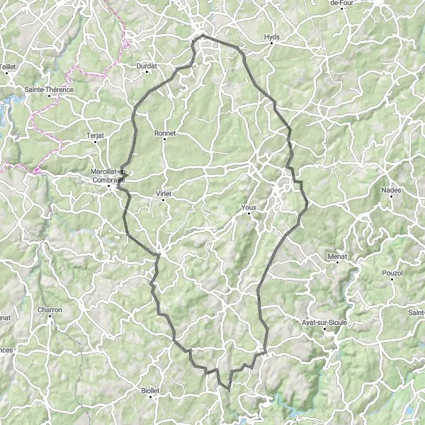 Miniature de la carte de l'inspiration cycliste "Parcours des Volcans" dans la Auvergne, France. Générée par le planificateur d'itinéraire cycliste Tarmacs.app
