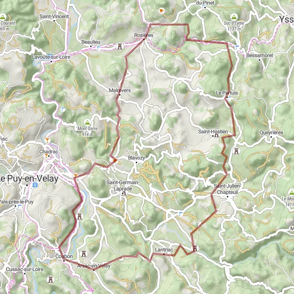 Miniature de la carte de l'inspiration cycliste "Boucle de Coubon à Suc de Monet" dans la Auvergne, France. Générée par le planificateur d'itinéraire cycliste Tarmacs.app