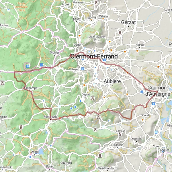 Miniature de la carte de l'inspiration cycliste "Tour du Plateau de Gergovie" dans la Auvergne, France. Générée par le planificateur d'itinéraire cycliste Tarmacs.app