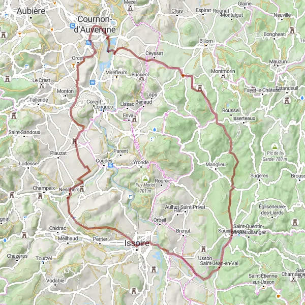 Map miniature of "Gravel Challenge" cycling inspiration in Auvergne, France. Generated by Tarmacs.app cycling route planner