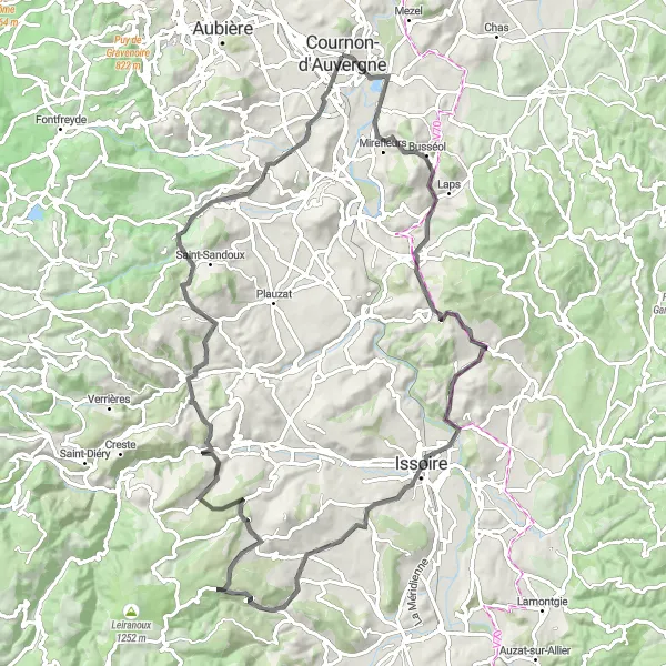 Map miniature of "Challenging Climb to Issoire" cycling inspiration in Auvergne, France. Generated by Tarmacs.app cycling route planner