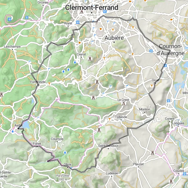Map miniature of "Puy de la Peyronère Thrill Ride" cycling inspiration in Auvergne, France. Generated by Tarmacs.app cycling route planner
