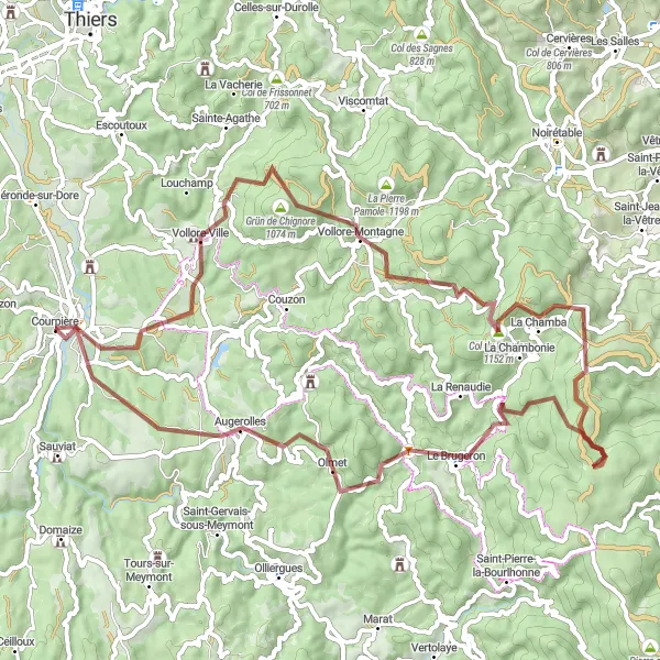 Miniature de la carte de l'inspiration cycliste "Les Montagnes de l'Ouest" dans la Auvergne, France. Générée par le planificateur d'itinéraire cycliste Tarmacs.app