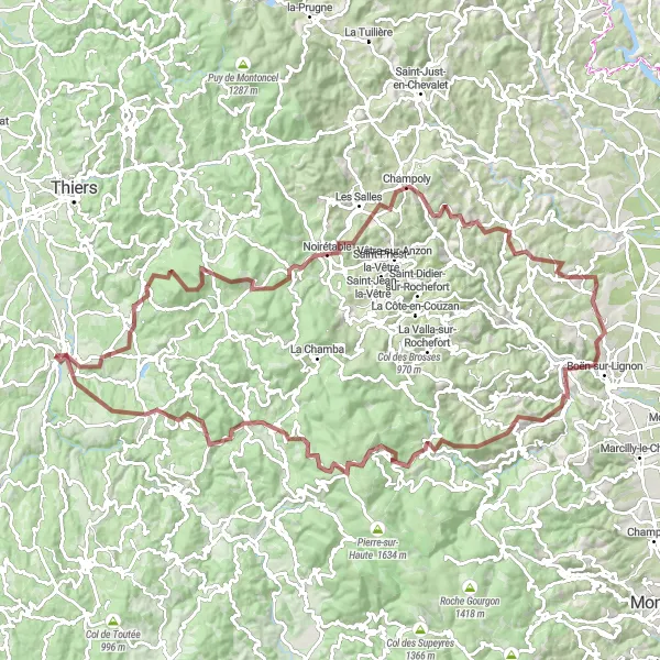 Miniature de la carte de l'inspiration cycliste "Circuit auvergnat à vélo de gravier" dans la Auvergne, France. Générée par le planificateur d'itinéraire cycliste Tarmacs.app