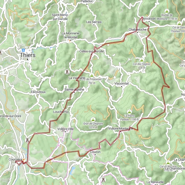 Map miniature of "Medieval Ruins and Natural Beauty" cycling inspiration in Auvergne, France. Generated by Tarmacs.app cycling route planner