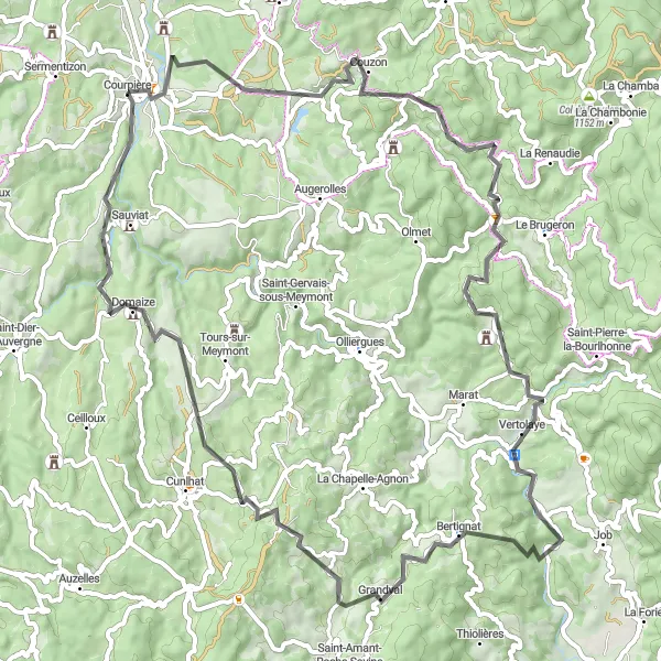 Miniature de la carte de l'inspiration cycliste "Le tour des Volcans" dans la Auvergne, France. Générée par le planificateur d'itinéraire cycliste Tarmacs.app