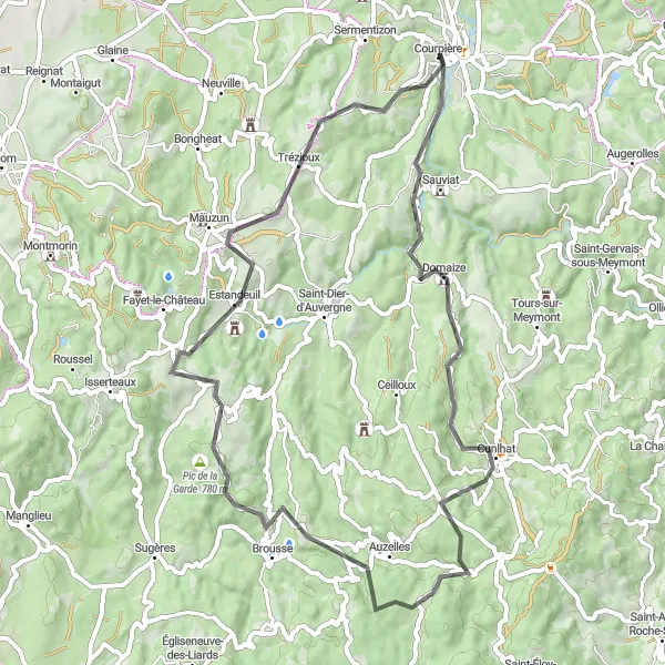 Miniature de la carte de l'inspiration cycliste "Les collines sauvages" dans la Auvergne, France. Générée par le planificateur d'itinéraire cycliste Tarmacs.app