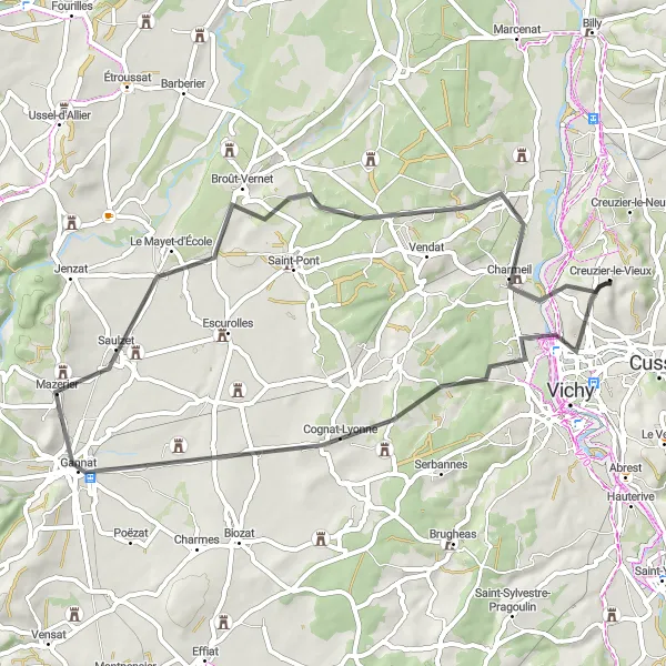 Miniature de la carte de l'inspiration cycliste "Les routes panoramiques de l'Allier en vélo de route" dans la Auvergne, France. Générée par le planificateur d'itinéraire cycliste Tarmacs.app