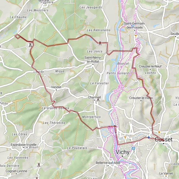 Miniature de la carte de l'inspiration cycliste "Les Chemins Secrets" dans la Auvergne, France. Générée par le planificateur d'itinéraire cycliste Tarmacs.app
