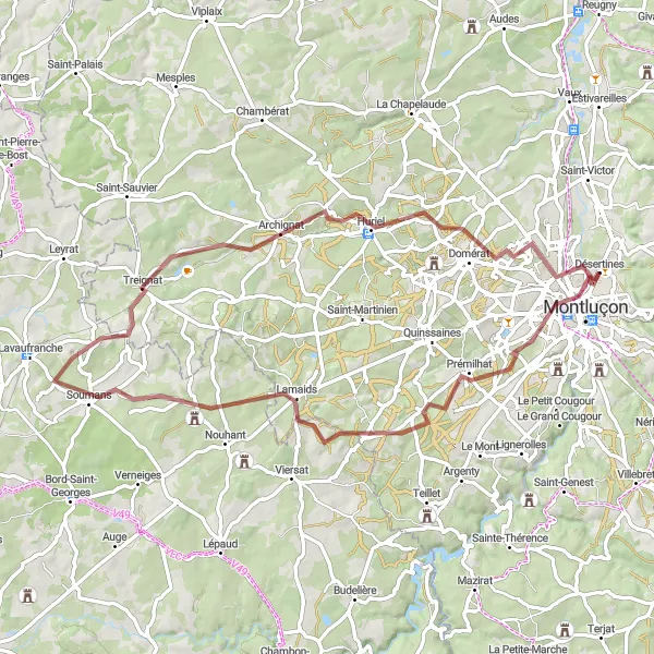 Map miniature of "Prémilhat to Désertines" cycling inspiration in Auvergne, France. Generated by Tarmacs.app cycling route planner