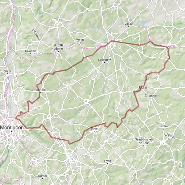 Map miniature of "Verneix to Chamblet" cycling inspiration in Auvergne, France. Generated by Tarmacs.app cycling route planner