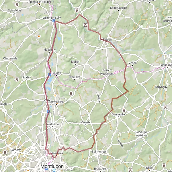 Map miniature of "Vaux to Château d'Hérisson" cycling inspiration in Auvergne, France. Generated by Tarmacs.app cycling route planner