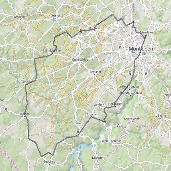 Map miniature of "Lamaids Loop" cycling inspiration in Auvergne, France. Generated by Tarmacs.app cycling route planner