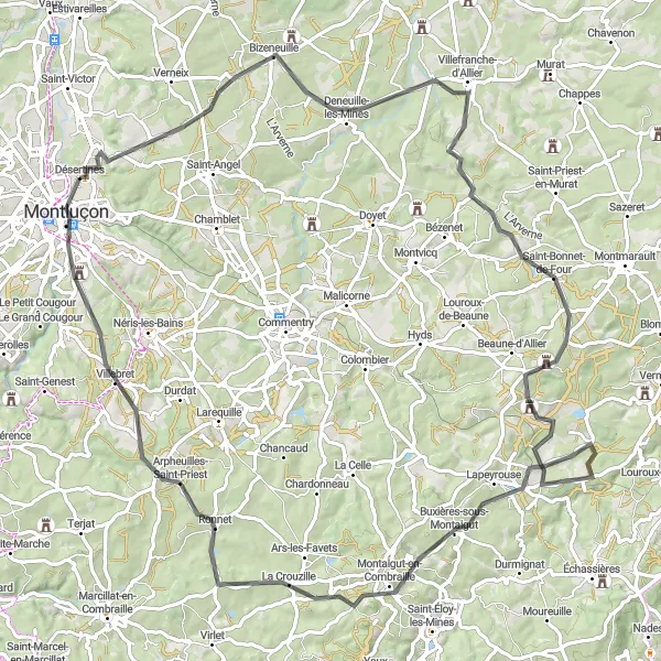 Map miniature of "Deneuille-les-Mines to Montluçon" cycling inspiration in Auvergne, France. Generated by Tarmacs.app cycling route planner