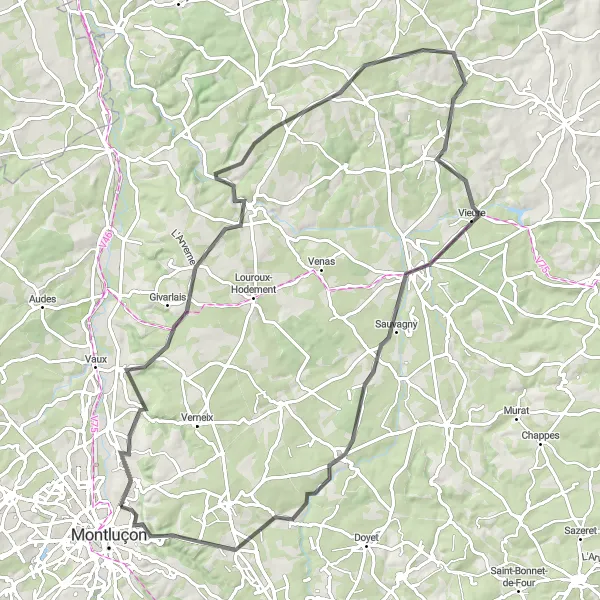 Miniature de la carte de l'inspiration cycliste "Escapade Cosne-d'Allier" dans la Auvergne, France. Générée par le planificateur d'itinéraire cycliste Tarmacs.app