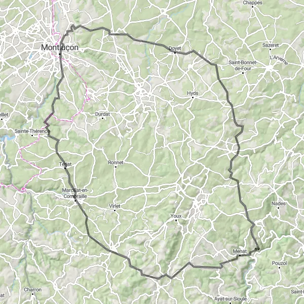 Map miniature of "Montluçon Adventure" cycling inspiration in Auvergne, France. Generated by Tarmacs.app cycling route planner