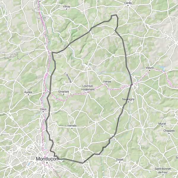 Map miniature of "Désertines Road Cycling Adventure" cycling inspiration in Auvergne, France. Generated by Tarmacs.app cycling route planner