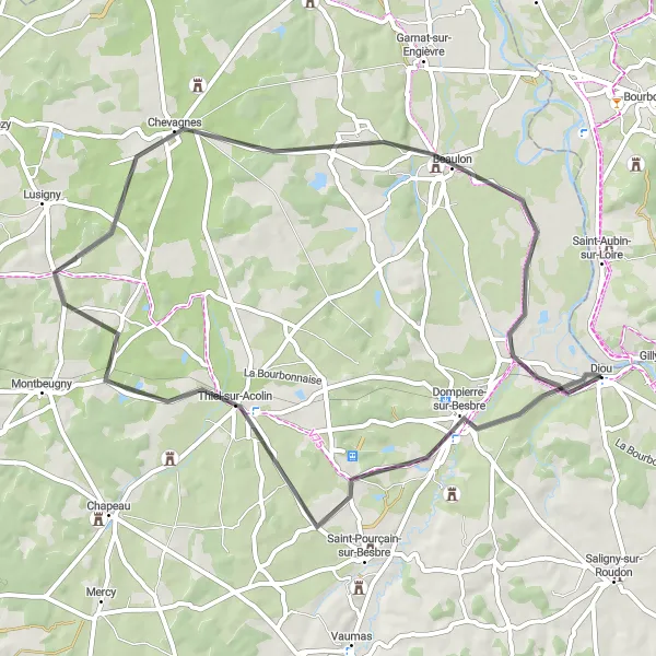 Map miniature of "Dompierre-sur-Besbre Exploration" cycling inspiration in Auvergne, France. Generated by Tarmacs.app cycling route planner