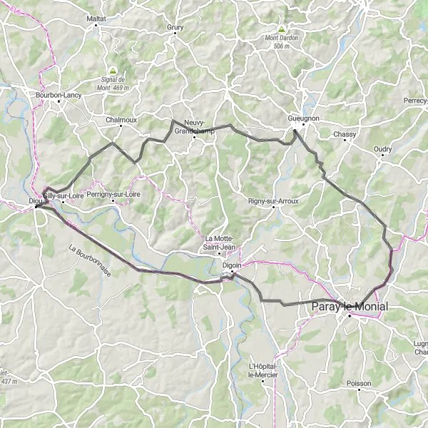Map miniature of "Loire Valley Road Trip" cycling inspiration in Auvergne, France. Generated by Tarmacs.app cycling route planner