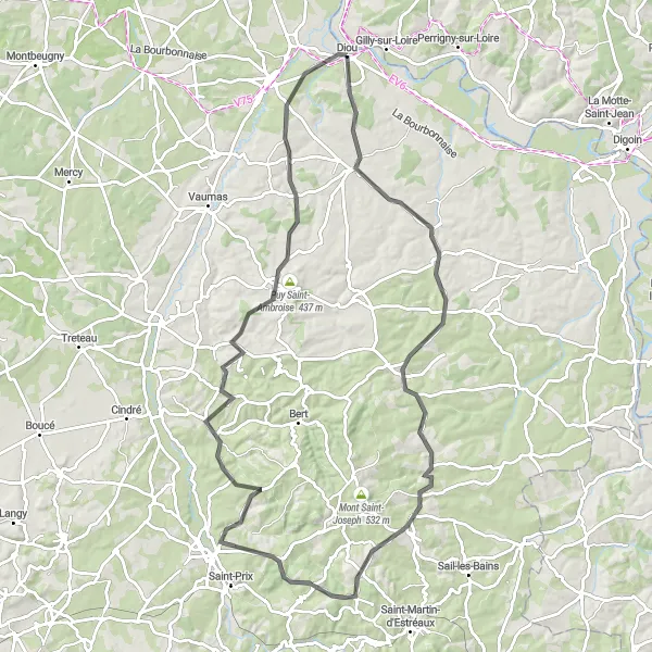 Map miniature of "Saligny-sur-Roudon Loop" cycling inspiration in Auvergne, France. Generated by Tarmacs.app cycling route planner