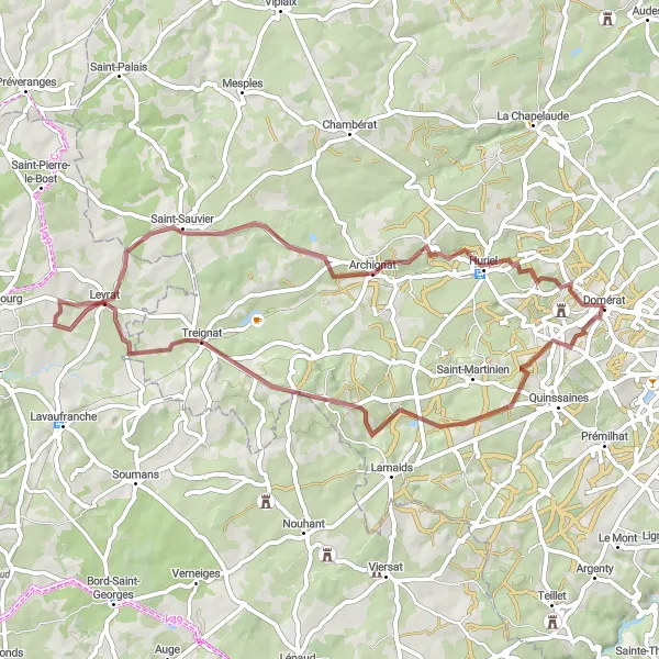 Miniature de la carte de l'inspiration cycliste "Parcours de gravel autour de Domérat" dans la Auvergne, France. Générée par le planificateur d'itinéraire cycliste Tarmacs.app