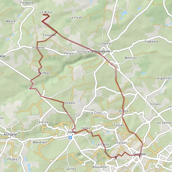 Map miniature of "Huriel Gravel Loop" cycling inspiration in Auvergne, France. Generated by Tarmacs.app cycling route planner