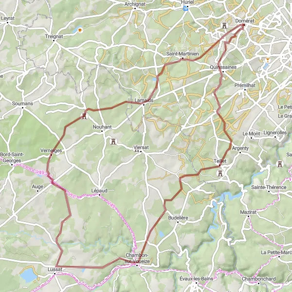 Map miniature of "The Quinssaines Loop" cycling inspiration in Auvergne, France. Generated by Tarmacs.app cycling route planner