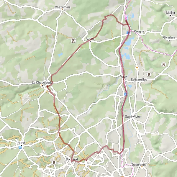 Map miniature of "Hidden Gems of Domérat" cycling inspiration in Auvergne, France. Generated by Tarmacs.app cycling route planner