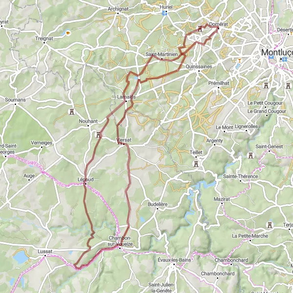 Map miniature of "La Tardes Gravel Adventure" cycling inspiration in Auvergne, France. Generated by Tarmacs.app cycling route planner