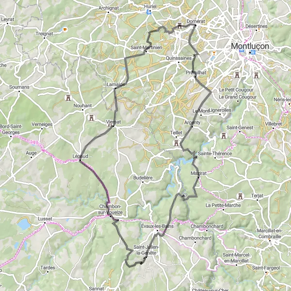 Map miniature of "Mazirat Adventure" cycling inspiration in Auvergne, France. Generated by Tarmacs.app cycling route planner