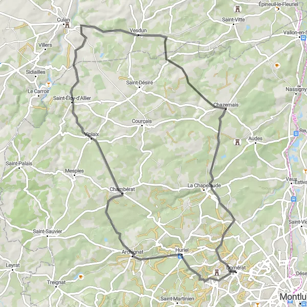 Map miniature of "Archignat Road Loop" cycling inspiration in Auvergne, France. Generated by Tarmacs.app cycling route planner