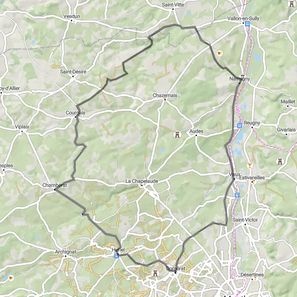 Map miniature of "Chambérat Circuit" cycling inspiration in Auvergne, France. Generated by Tarmacs.app cycling route planner