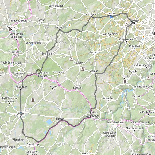 Map miniature of "The Viersat Adventure" cycling inspiration in Auvergne, France. Generated by Tarmacs.app cycling route planner