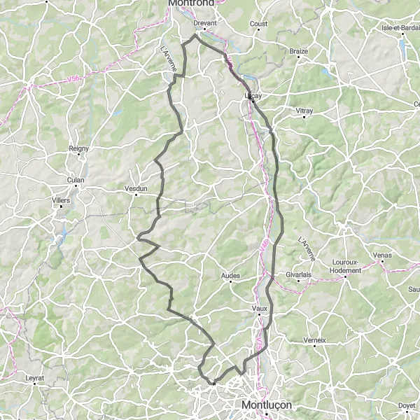 Map miniature of "The Road to Guerche" cycling inspiration in Auvergne, France. Generated by Tarmacs.app cycling route planner