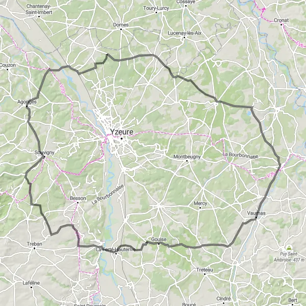 Map miniature of "Dompierre-sur-Besbre - Vaumas - Gouise - Châtel-de-Neuvre - Bresnay - Souvigny - Agonges - Villeneuve-sur-Allier - Saint-Ennemond - Chevagnes Loop" cycling inspiration in Auvergne, France. Generated by Tarmacs.app cycling route planner