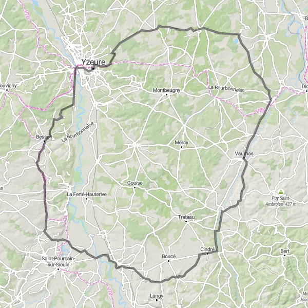 Map miniature of "Dompierre-sur-Besbre - Vaumas - Château de Jaligny - Cindré - Rongères - Château de Fourchaud - La tour nuage - Château de Pouzeux - Chézy - Chevagnes Loop" cycling inspiration in Auvergne, France. Generated by Tarmacs.app cycling route planner