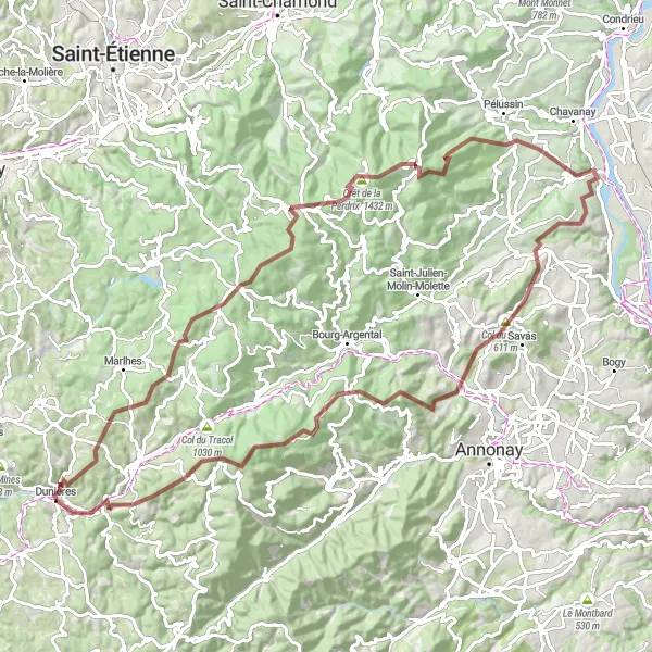 Miniature de la carte de l'inspiration cycliste "Tour Vinzieux - Col du Fayet - Burdignes" dans la Auvergne, France. Générée par le planificateur d'itinéraire cycliste Tarmacs.app