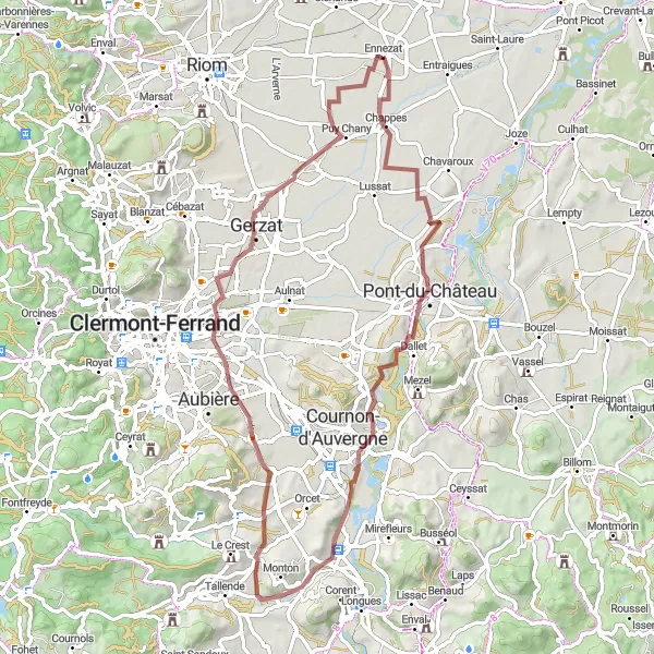 Map miniature of "The Gravel Adventure" cycling inspiration in Auvergne, France. Generated by Tarmacs.app cycling route planner