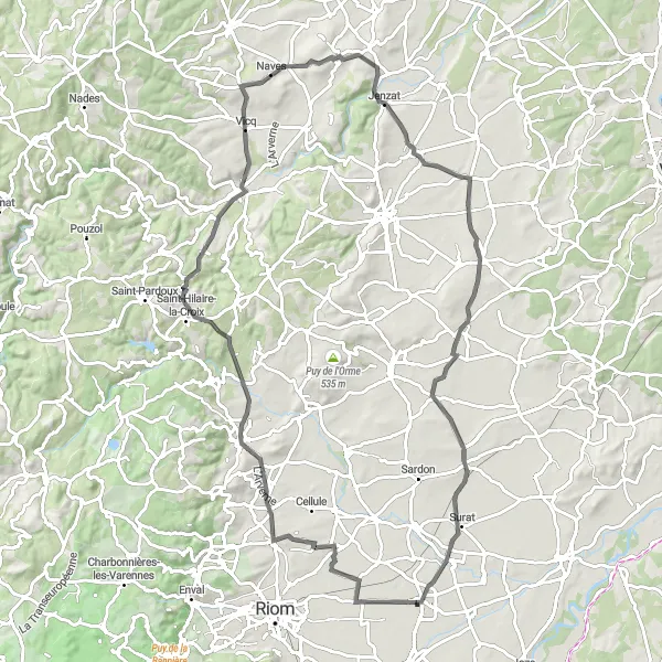 Map miniature of "The Romantic Road" cycling inspiration in Auvergne, France. Generated by Tarmacs.app cycling route planner