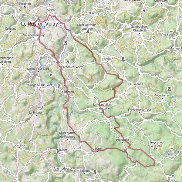 Miniature de la carte de l'inspiration cycliste "Tour des Châteaux" dans la Auvergne, France. Générée par le planificateur d'itinéraire cycliste Tarmacs.app