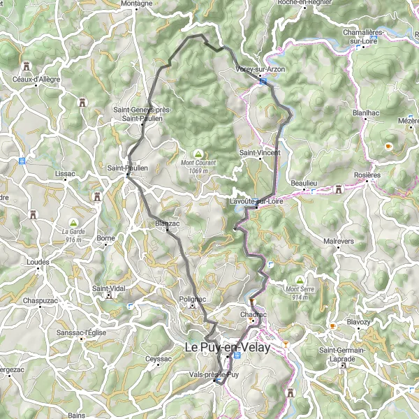 Map miniature of "Road Cycling Adventure from Espaly-Saint-Marcel" cycling inspiration in Auvergne, France. Generated by Tarmacs.app cycling route planner