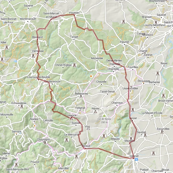 Map miniature of "Gravel Adventure - The Valleys of Allier" cycling inspiration in Auvergne, France. Generated by Tarmacs.app cycling route planner
