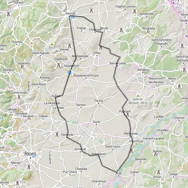 Miniature de la carte de l'inspiration cycliste "Parcours de Bas-et-Lezat à Gannat" dans la Auvergne, France. Générée par le planificateur d'itinéraire cycliste Tarmacs.app