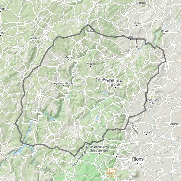 Miniature de la carte de l'inspiration cycliste "Boucle à vélo de route autour de Gannat" dans la Auvergne, France. Générée par le planificateur d'itinéraire cycliste Tarmacs.app